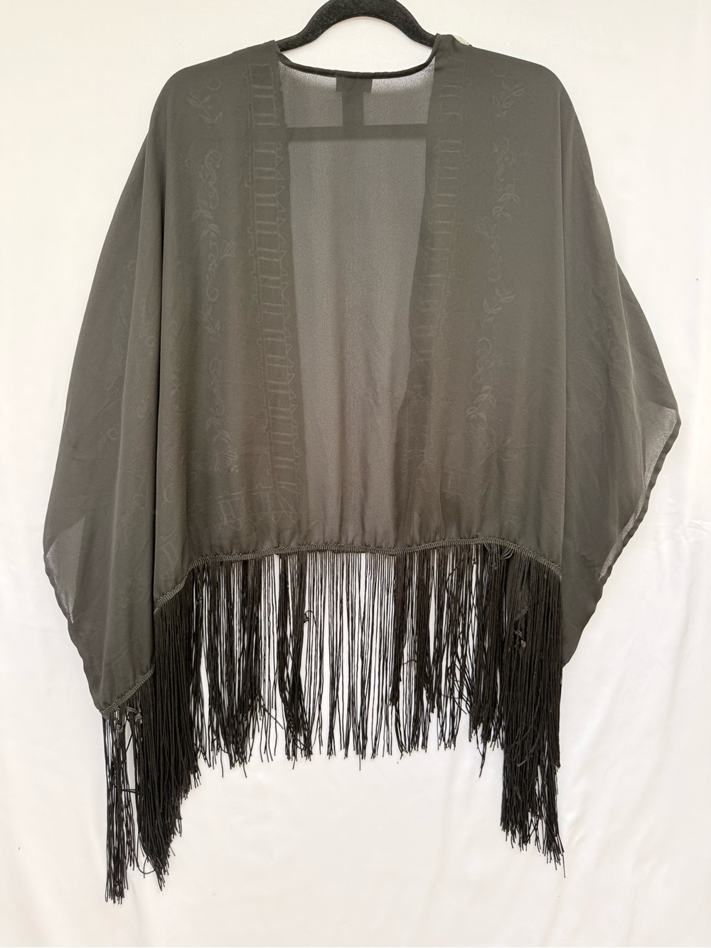 Rue21 Black Boho Embroidered Kimono Fringe Open Front Festival Size M - Picture 3 of 4